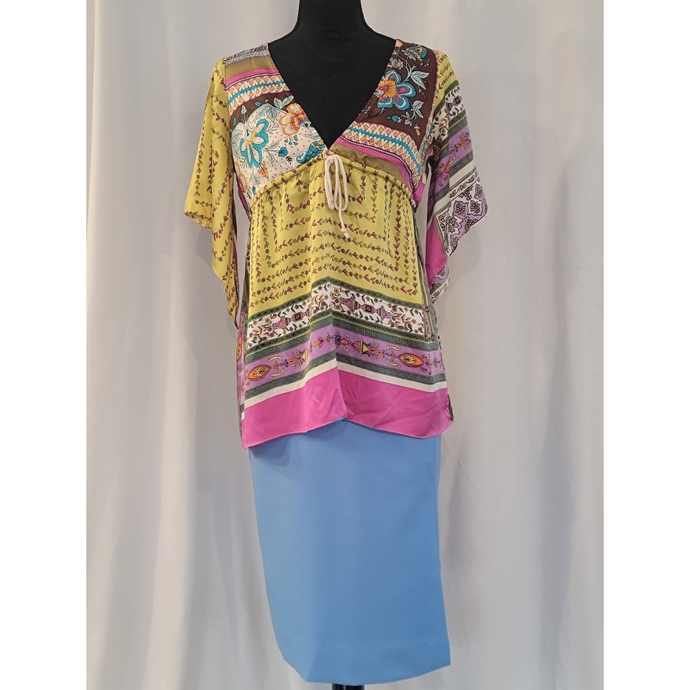 Alice & Trixie Silk Blend Patchwork Paisley V-Neck‎ Tunic Top Multi Color Small